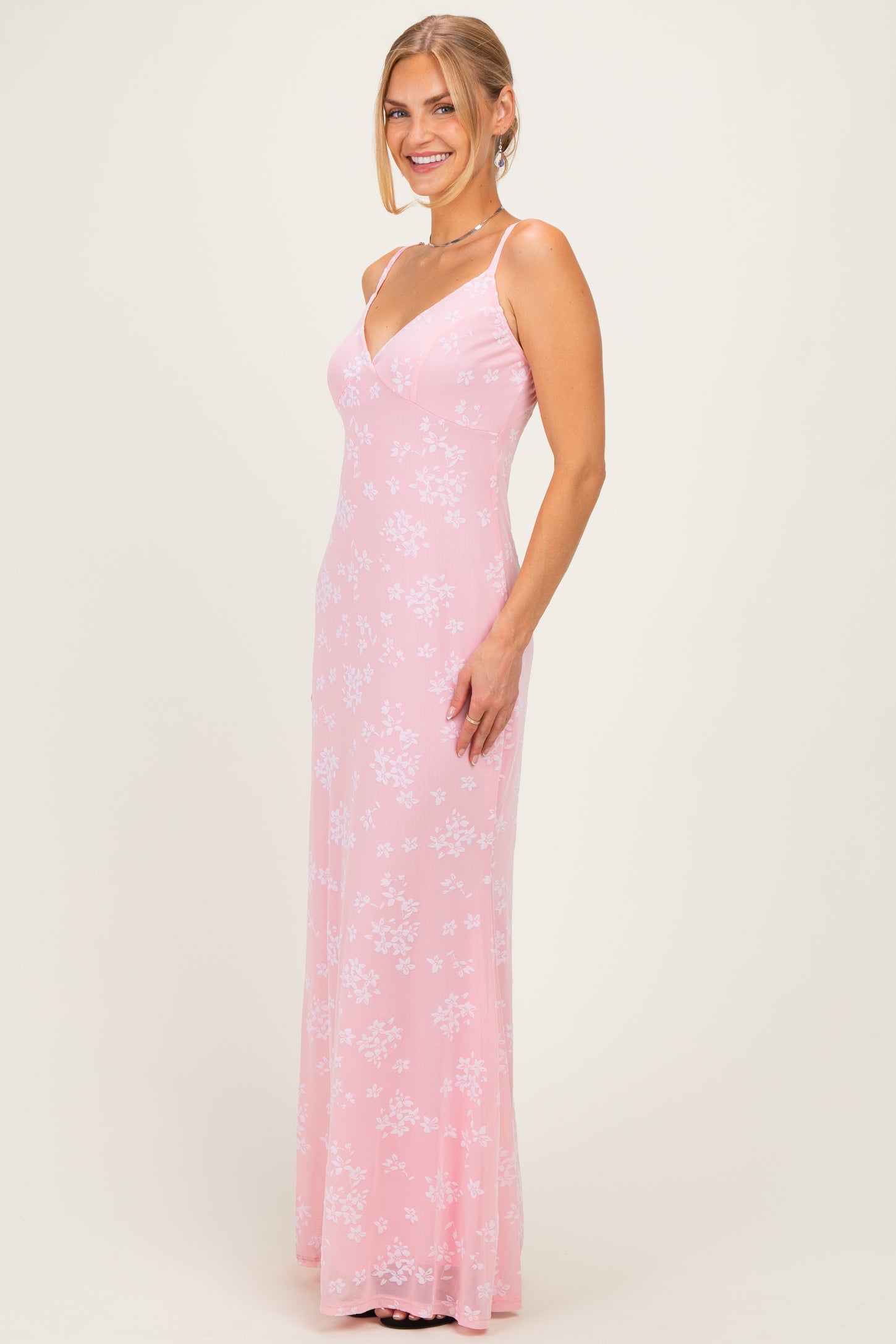 Pink Floral Sleeveless V-Neck Maxi Dress
