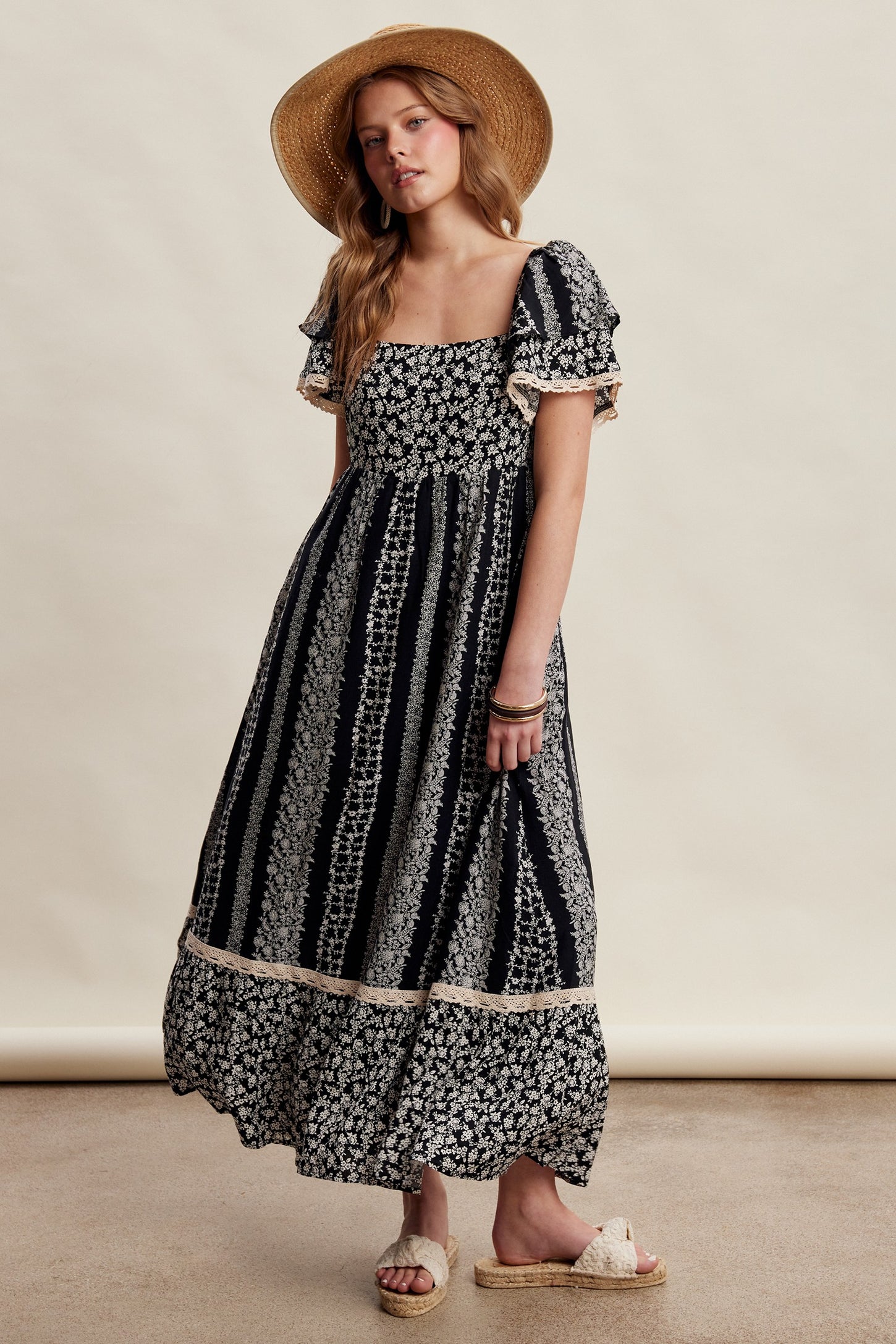 Black Floral Border Print Flutter Sleeve Maternity Maxi Dress