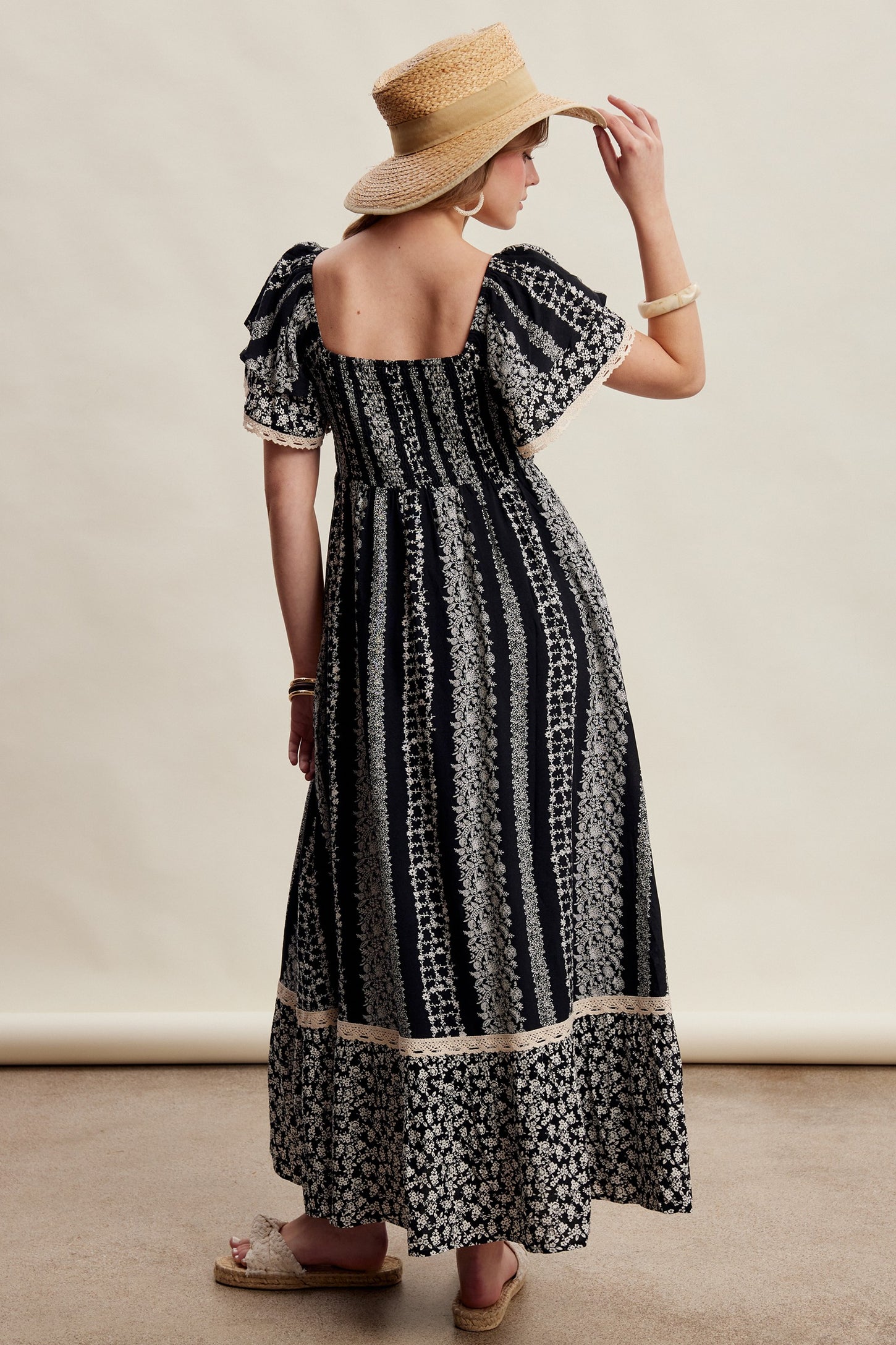 Black Floral Border Print Flutter Sleeve Maxi Dress