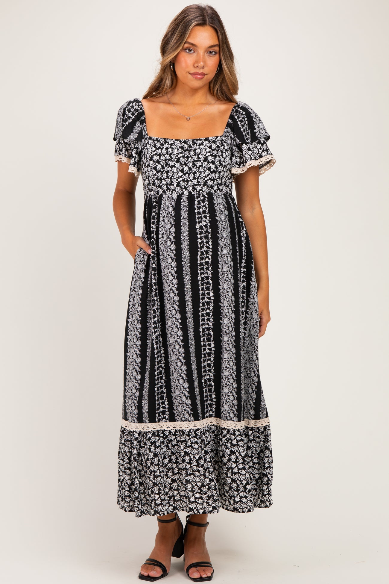 Black Floral Border Print Flutter Sleeve Maternity Maxi Dress