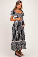Black Floral Border Print Flutter Sleeve Maternity Maxi Dress