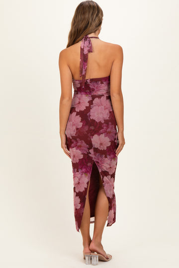 Mauve Mesh Print Halter Neck Maternity Maxi Dress