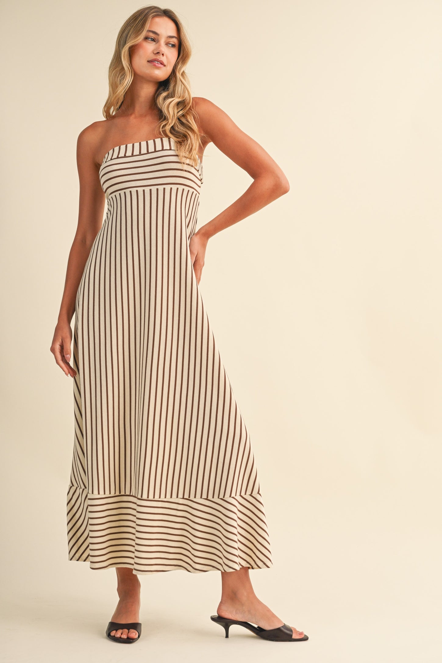 Cream Brown Striped Strapless A-Line Maxi Dress – PinkBlush
