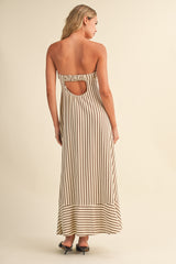 Cream Brown Striped Strapless A-Line Maxi Dress