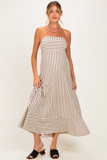 Cream Brown Striped Strapless A-Line Maternity Maxi Dress