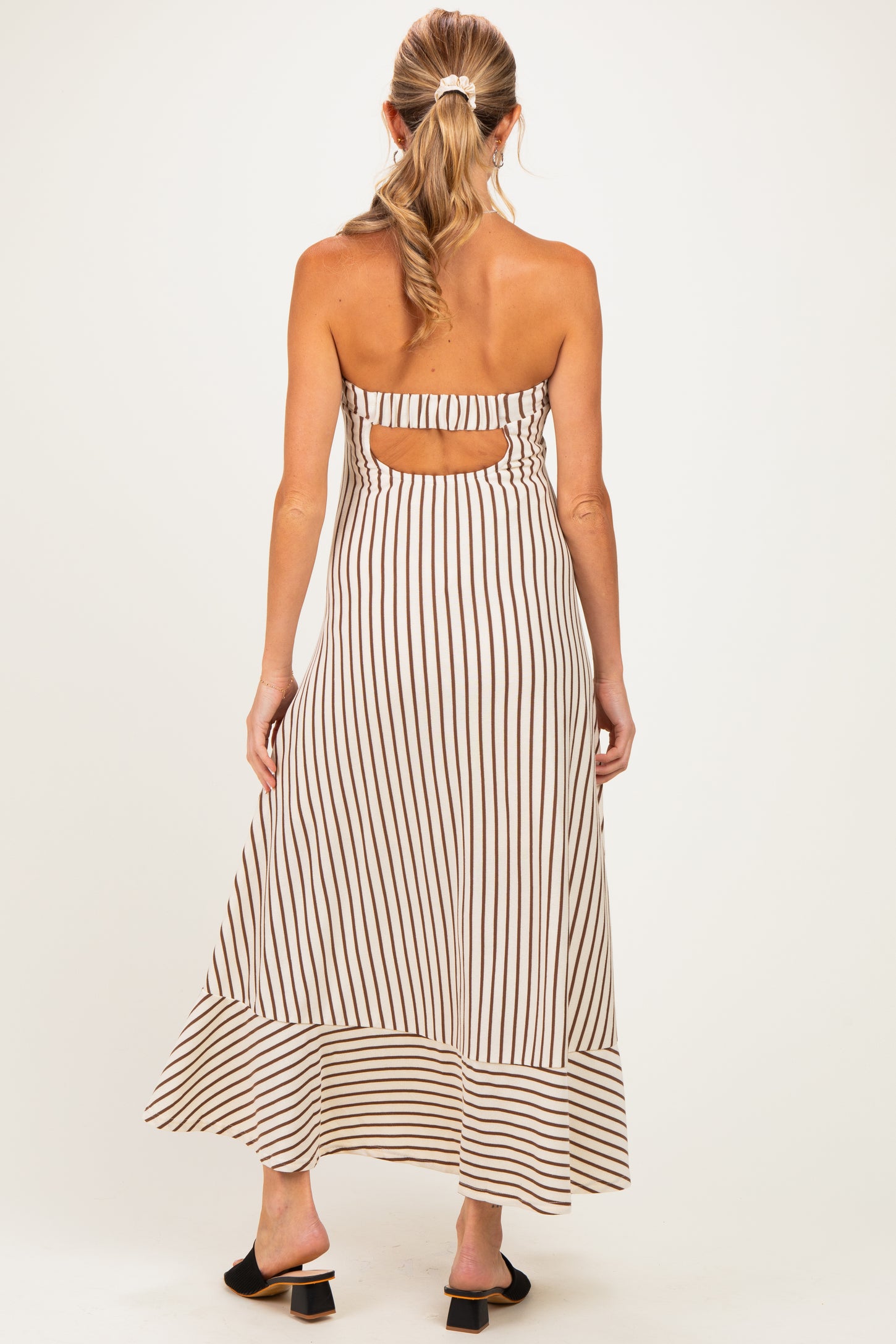 Cream Brown Striped Strapless A-Line Maternity Maxi Dress