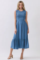 Denim Smocked And Tiered Maxi Dress