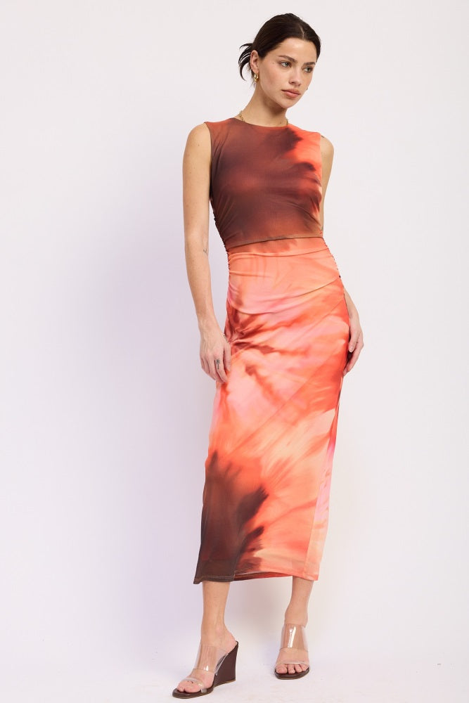 Coral Multi Tie Dye Mesh Maxi Dress With Side Ruching