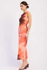 Coral Multi Tie Dye Mesh Maxi Dress With Side Ruching