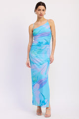 Blue  Multi One Shoulder Ruched Maternity Dress