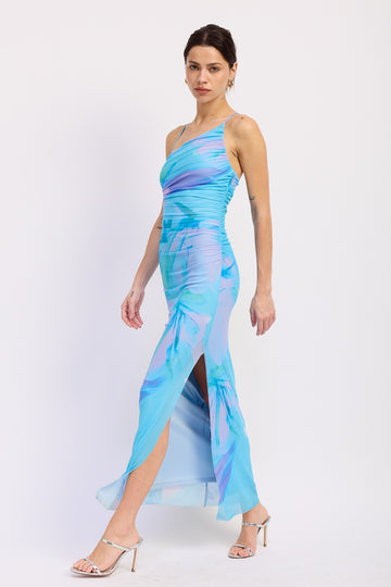 Blue  Multi One Shoulder Ruched Dress