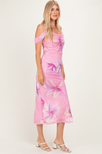 Pink Multi Off-Shoulder Mesh Side Slit Dress