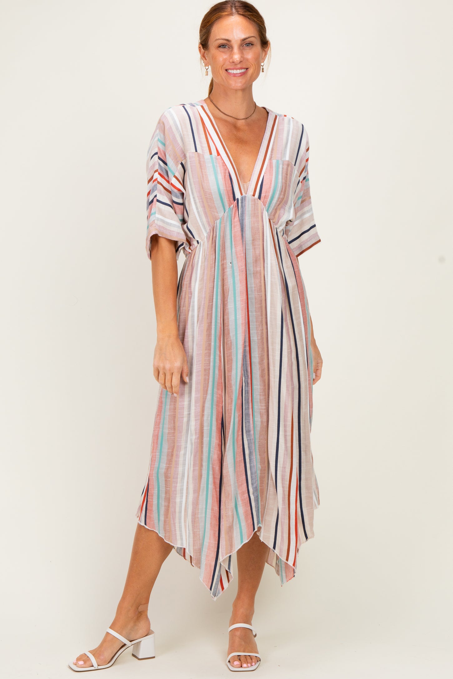 White Multi Printed Deep V-Neck Maxi Dress