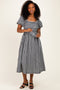 Black Gingham Lace Trim Puff Sleeve Midi Dress