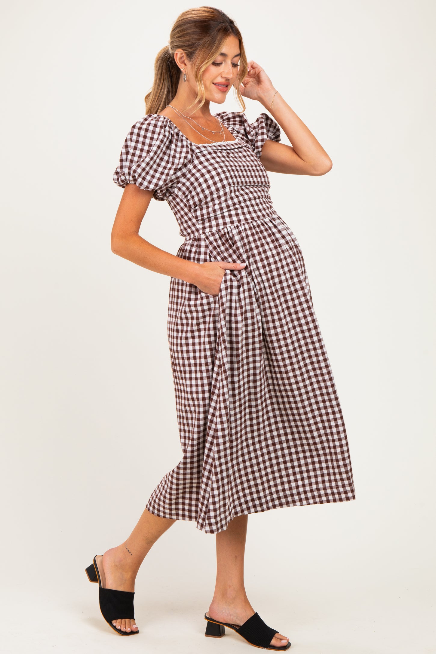 Brown Gingham Lace Trim Puff Sleeve Maternity Midi Dress