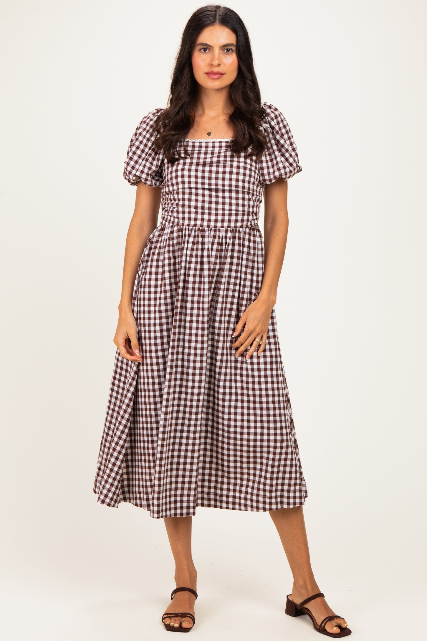 Brown Gingham Lace Trim Puff Sleeve Midi Dress