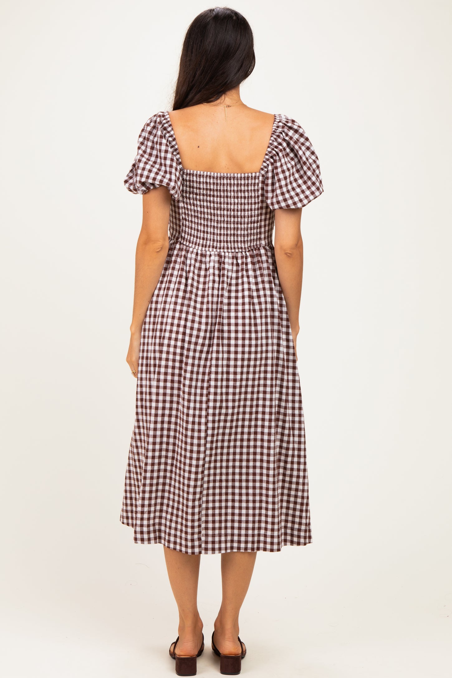 Brown Gingham Lace Trim Puff Sleeve Midi Dress
