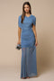 Blue Draped Bodice Ruched Mesh Maxi Dress