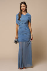 Blue Draped Bodice Ruched Mesh Maxi Dress