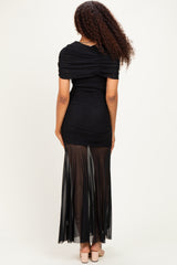 Black Draped Bodice Ruched Mesh Maxi Dress