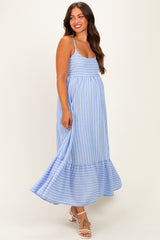 Blue/ Off White Striped Sleeveless Ruffle Hem Maternity Maxi Dress