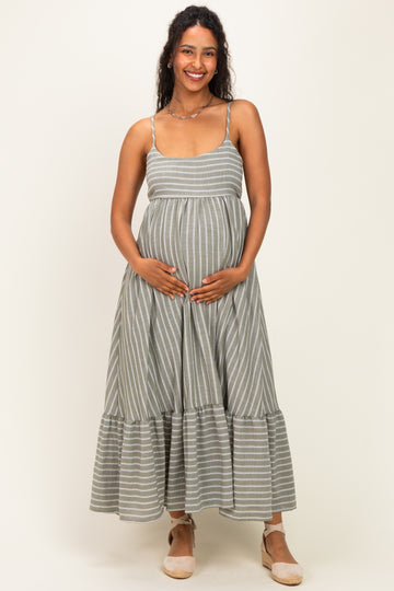 Olive/ Off White Striped Sleeveless Ruffle Hem Maternity Maxi Dress