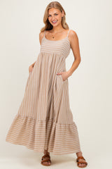 Taupe/ Off White Striped Sleeveless Ruffle Hem Maternity Maxi Dress