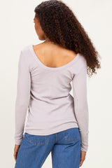 Beige Ribbed Scoop Neck Long Sleeve Top