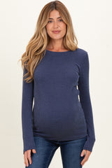 Navy Ribbed Scoop Neck Long Sleeve Maternity Top