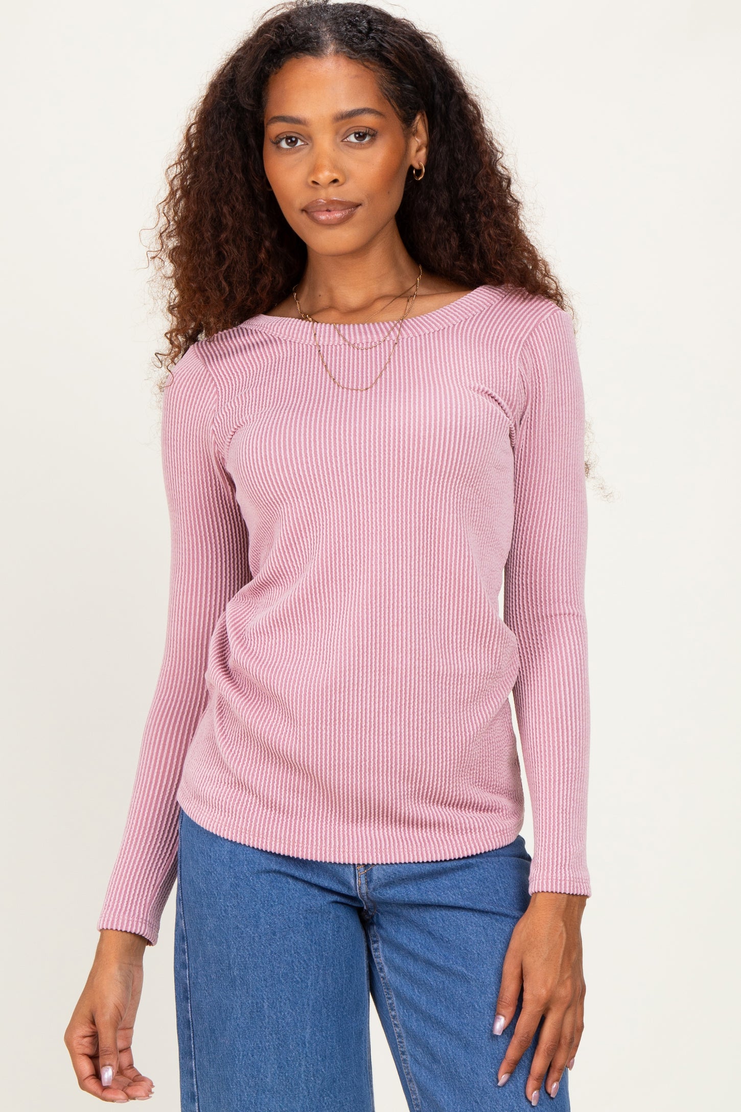 Lavender Ribbed Scoop Neck Long Sleeve Top