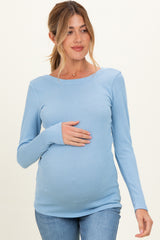 Blue Ribbed Scoop Neck Long Sleeve Maternity Top