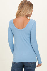 Blue Ribbed Scoop Neck Long Sleeve Top
