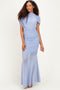 Blue Draped Bodice Ruched Mesh Maxi Dress