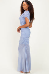 Blue Draped Bodice Ruched Mesh Maxi Dress