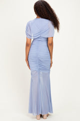 Blue Draped Bodice Ruched Mesh Maxi Dress