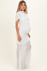 Ivory Draped Bodice Ruched Mesh Maternity Maxi Dress