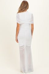 Ivory Draped Bodice Ruched Mesh Maternity Maxi Dress