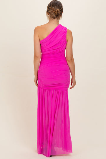 Fuchsia Pink Ruched Mesh One Shoulder Maternity Maxi Dress