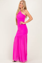 Fuchsia Pink Ruched Mesh One Shoulder Maxi Dress