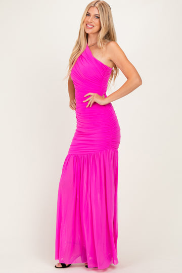Fuchsia Pink Ruched Mesh One Shoulder Maxi Dress