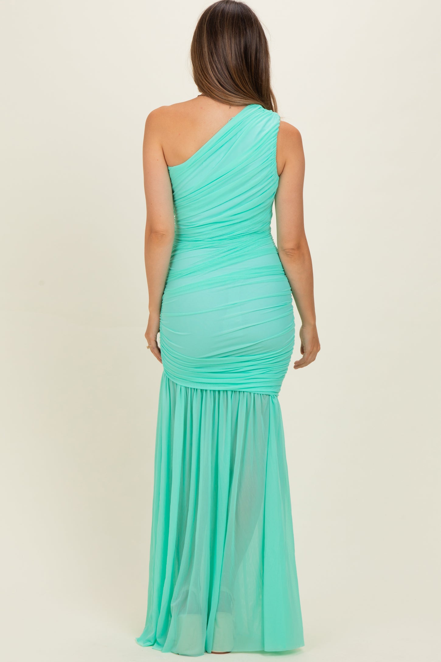 Jelly Mint Ruched Mesh One Shoulder Maternity Maxi Dress