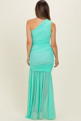 Jelly Mint Ruched Mesh One Shoulder Maternity Maxi Dress