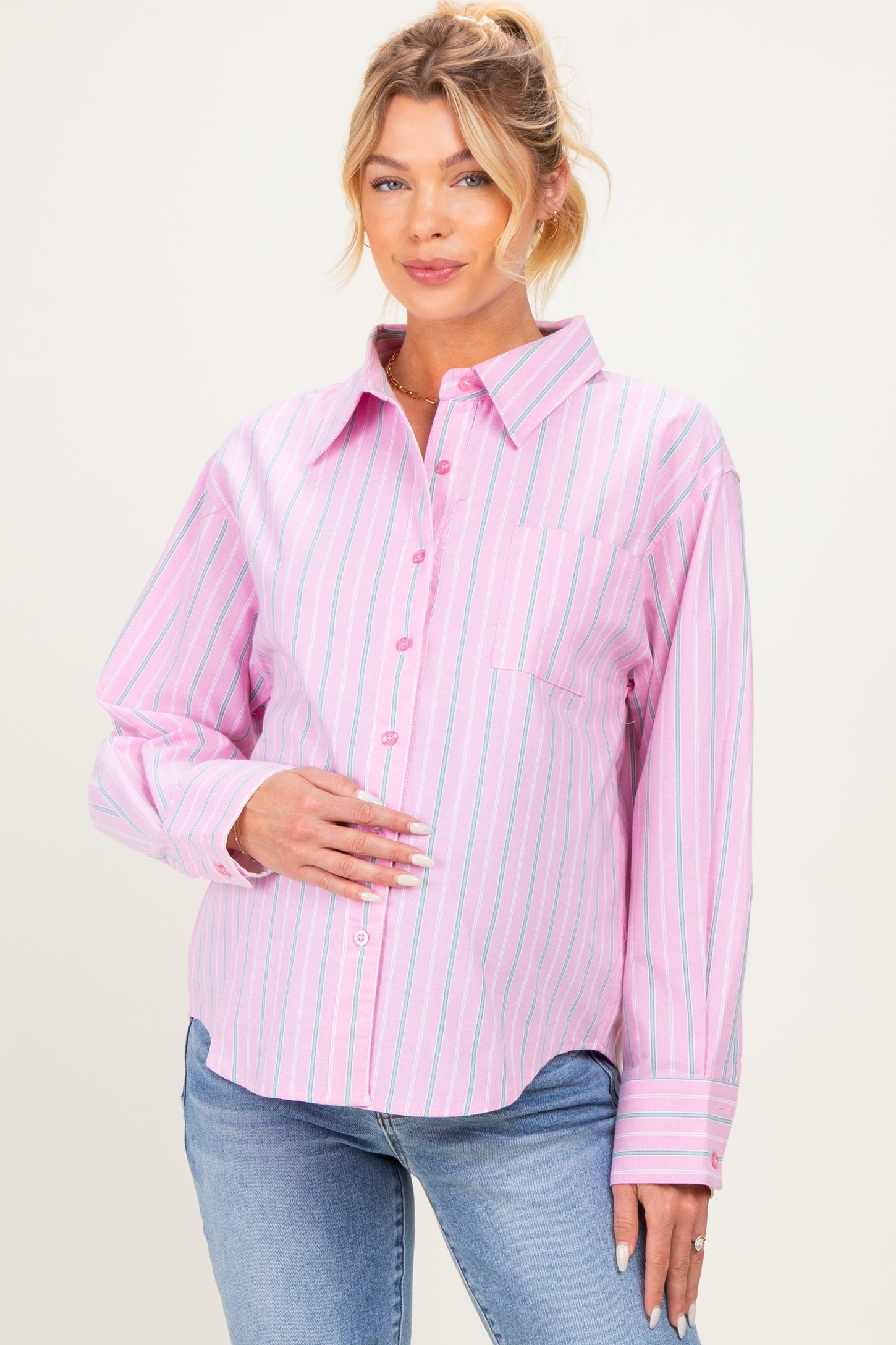 Pink Striped Long Sleeve Button Down Maternity Shirt