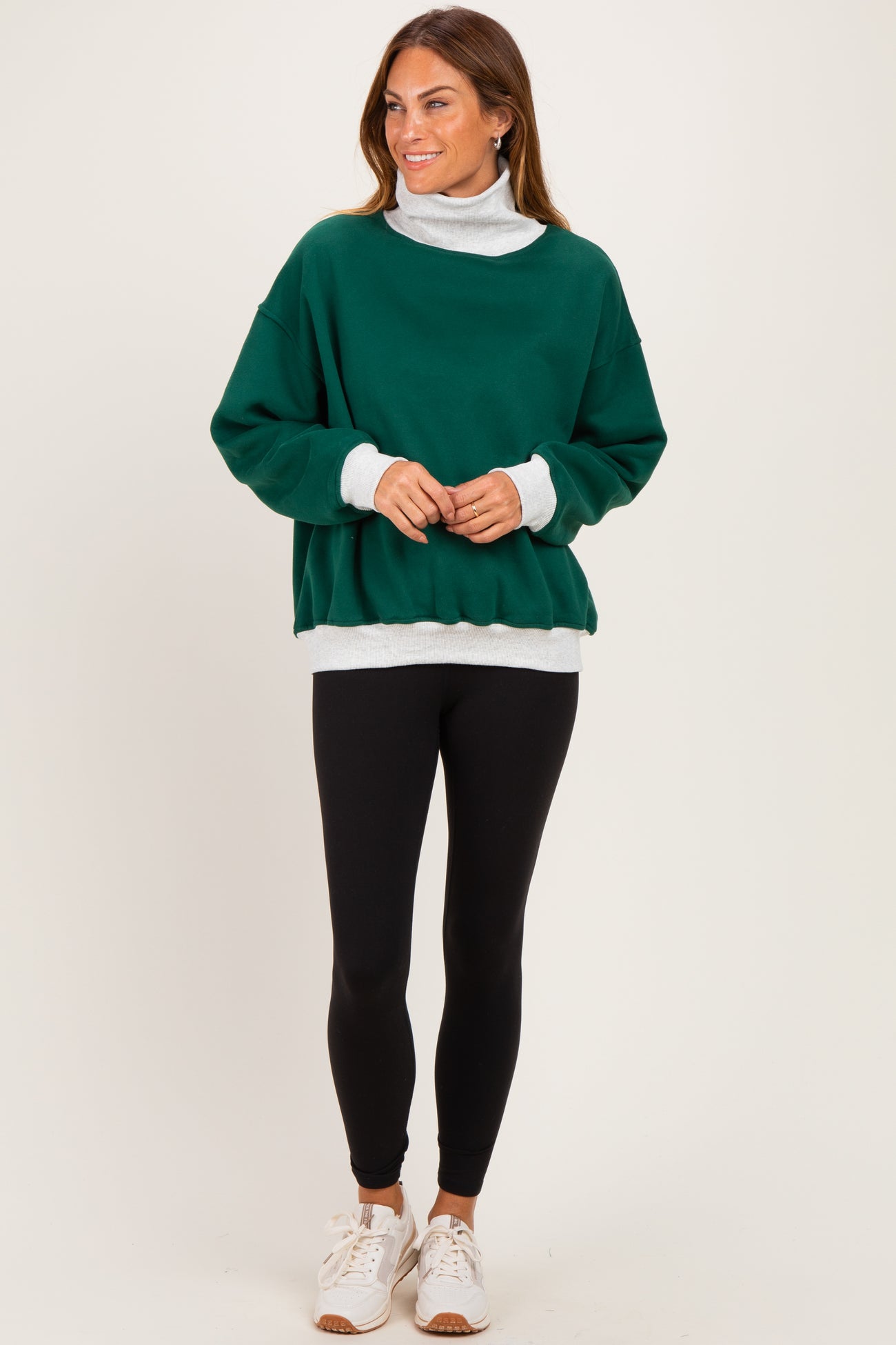 Green Colorblock Cowl Neck Sweatshirt