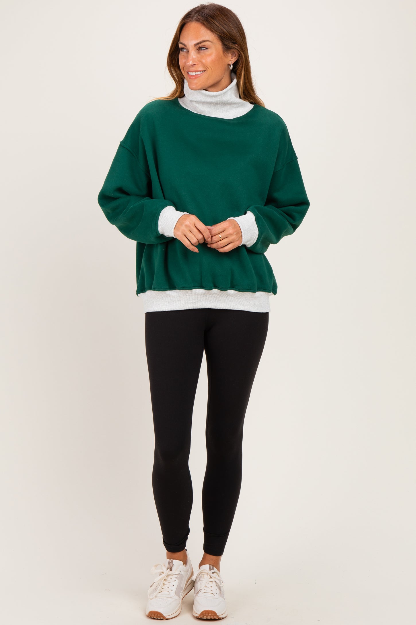 Green Colorblock Cowl Neck Sweatshirt