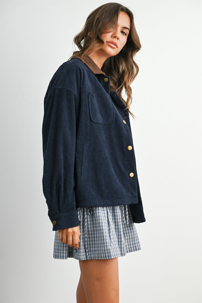 Navy Corduroy Contrast Collar Utility Jacket