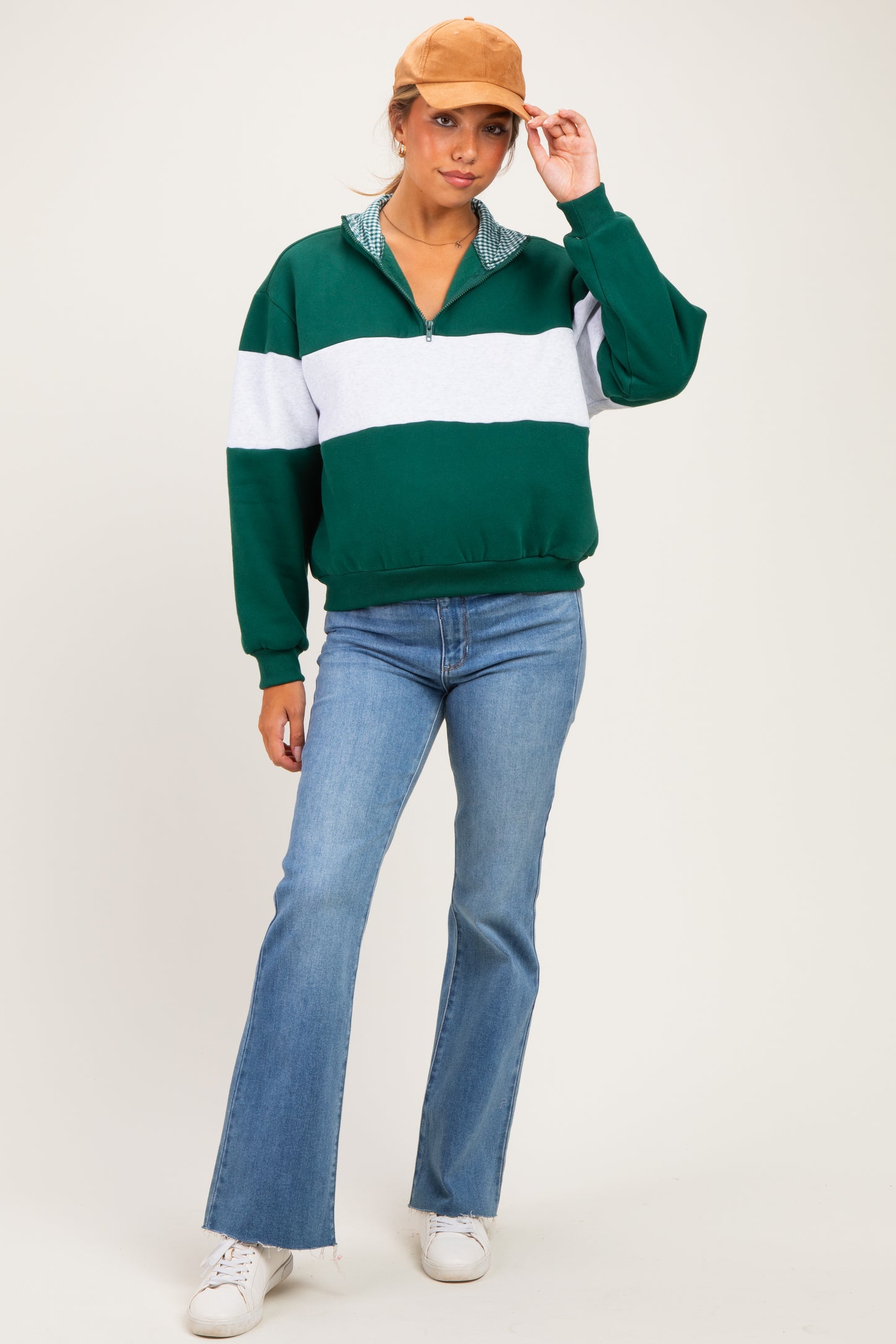 Green Colorblock Quarter Zip Maternity Sweatshirt