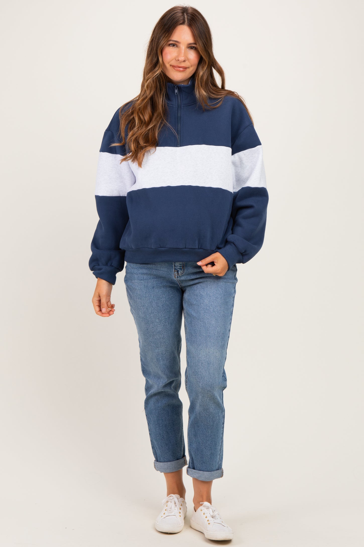 Navy Colorblock Quarter Zip Maternity Sweatshirt