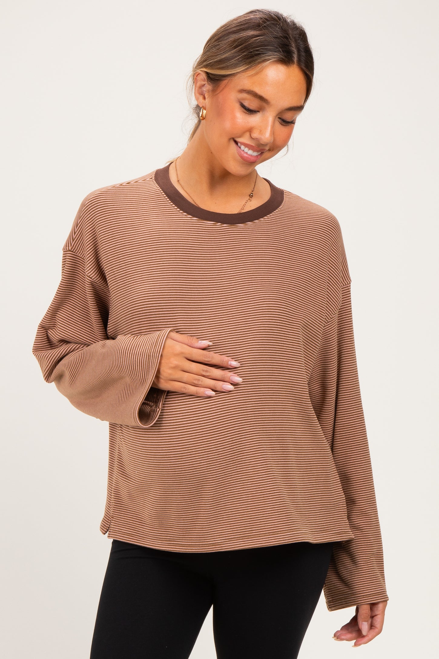 Brown Striped Long Sleeve Crewneck Maternity Shirt