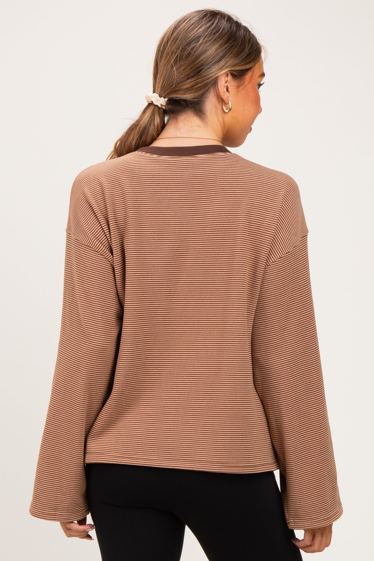 Brown Striped Long Sleeve Crewneck Maternity Shirt